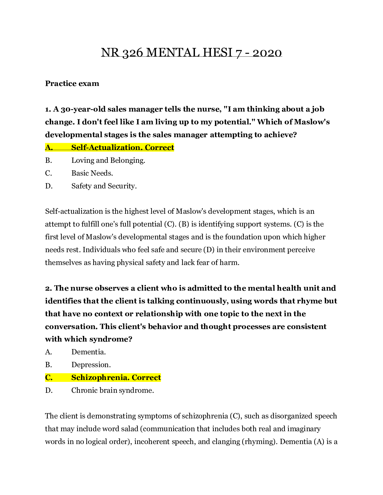 Preview of NR 326 MENTAL HESI 7_2020 | NR326 MENTAL HESI 7_Graded A